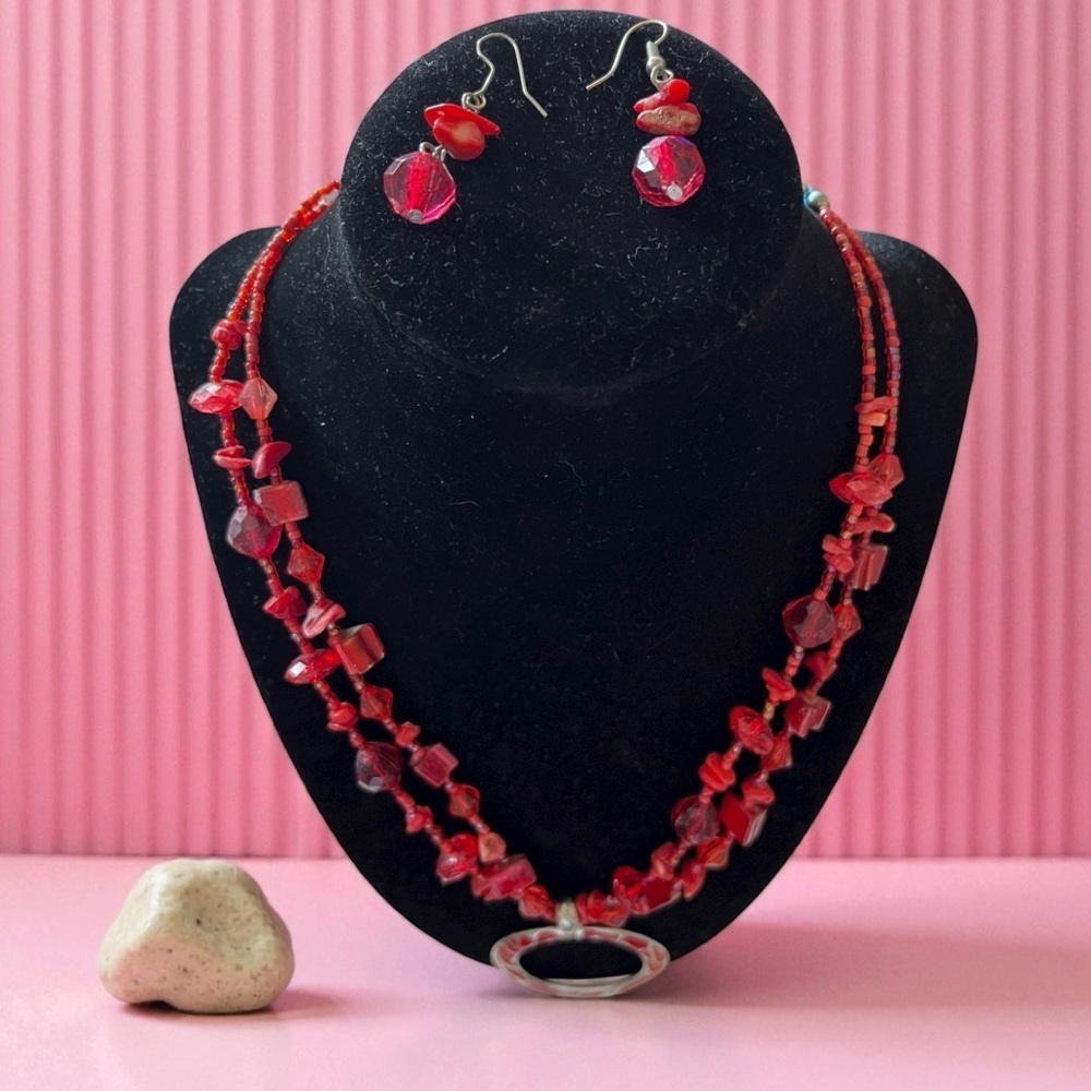 Vintage Silver Tone Red Beaded Necklace and Earring Set